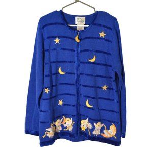 Quacker Factory Sweater Women's Large Blue Knit Moon Stars Angels Embroidery